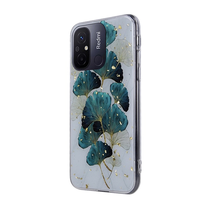 Telefontok Xiaomi Redmi 12C - Gold Glam levelek - mintás műanyag hátlap tok, szilikon kerettel