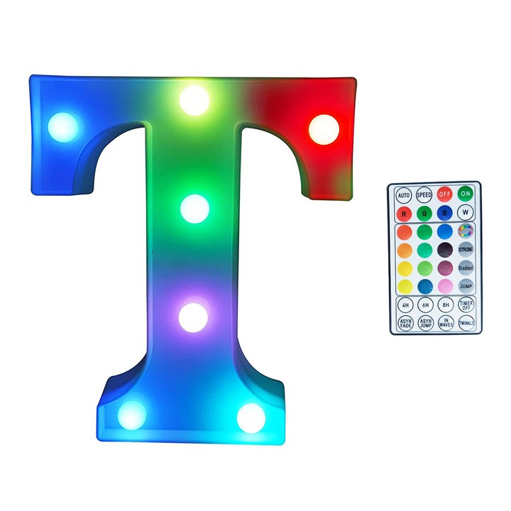 Буква Т 3d светещ светодиод, обемен, с дистанционно за управление на цветовете и настройките на светодиодите, на батерии, многоцветен, височина 22 см