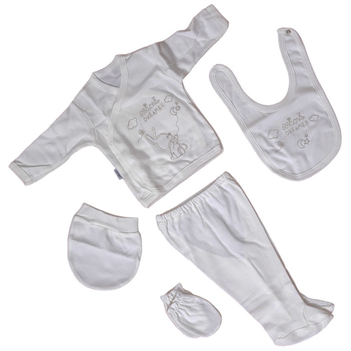 Set Compleu 5 piese pentru Bebelusi, ZIPIR model Iepuras, din Bumbac Natural 100%, varsta 0-3 luni, AK7462