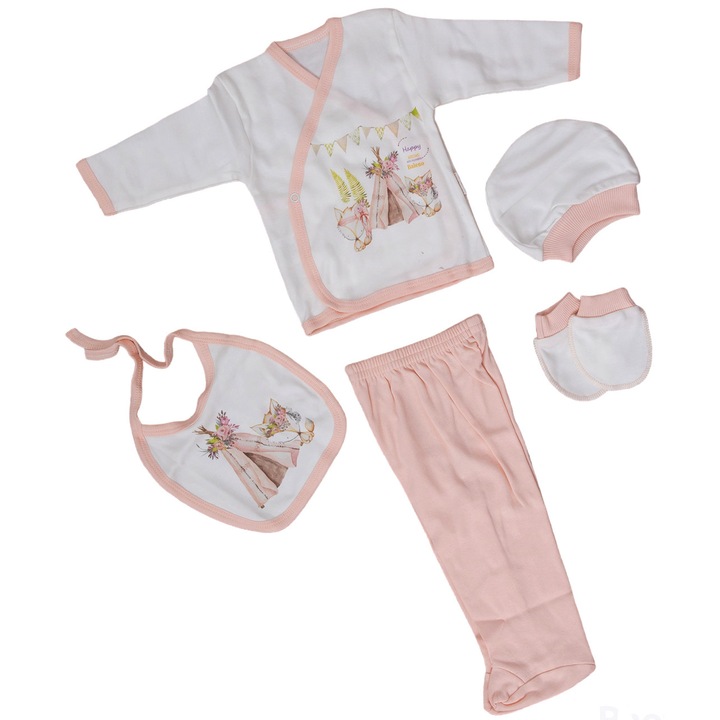 Set Compleu 5 piese pentru Bebelusi, BALENO model Jungle, din Bumbac Natural 100%, varsta 0-3 luni, Alb/roz piersica AK7456