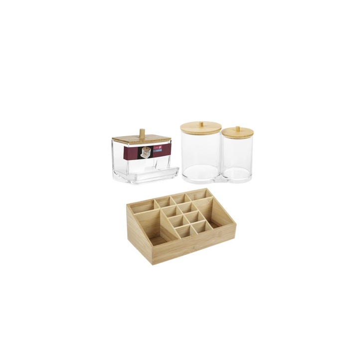 Set 3 organizatoare cosmetice din bambus/acril ce contine 1 suport betisoare urechi, 1 suport dischete demachiante si 1 suport cu 12 compatimente, 3 dimensiuni diferite, bambus
