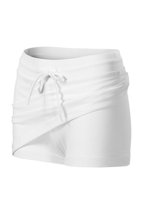 Fusta pentru dama, 95% Bumbac, 2 in 1, Cu pantaloni scurti in interior, Elastic, Croiala in A, Ajustabila cu snur, Alb