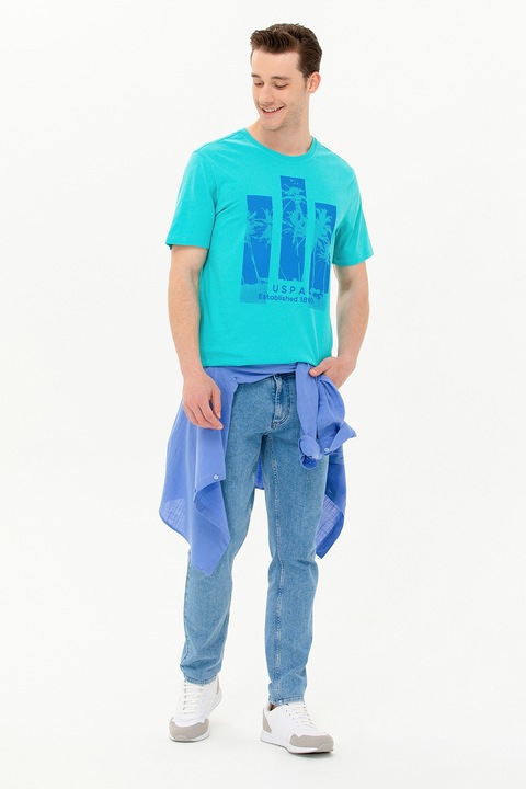 U.S. Polo Assn., Тениска с принт и лого, Кралско Синьо/Светлосин