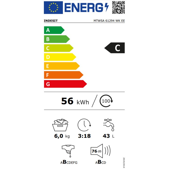 Masina de spalat rufe Slim Indesit New MyTime MTWSA61294WKEE, 6 kg, 1200 rpm, Clasa C, Fast Cycles, Motor Inverter, Display LED, Alb
