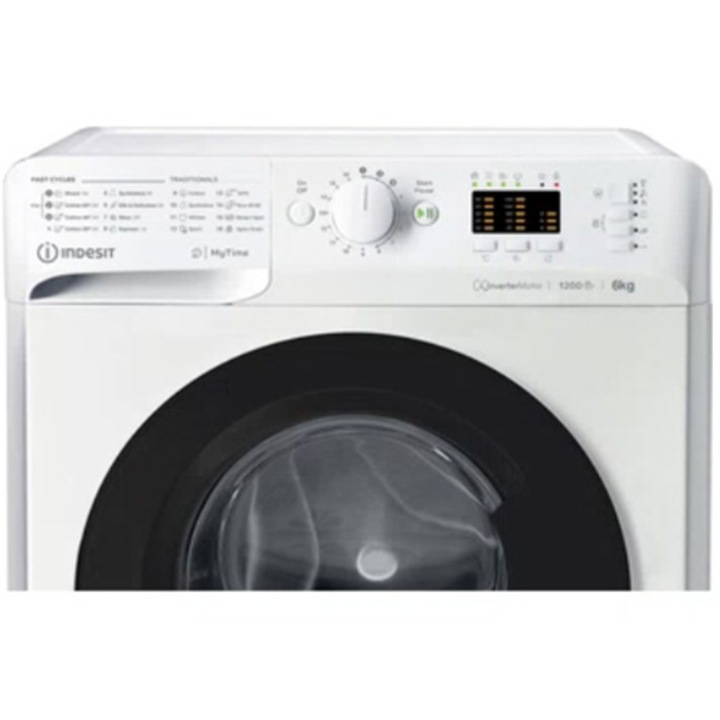 Masina de spalat rufe Slim Indesit New MyTime MTWSA61294WKEE, 6 kg, 1200 rpm, Clasa C, Fast Cycles, Motor Inverter, Display LED, Alb