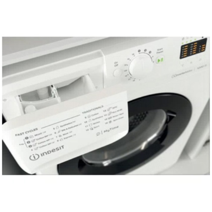Masina de spalat rufe Slim Indesit New MyTime MTWSA61294WKEE, 6 kg, 1200 rpm, Clasa C, Fast Cycles, Motor Inverter, Display LED, Alb