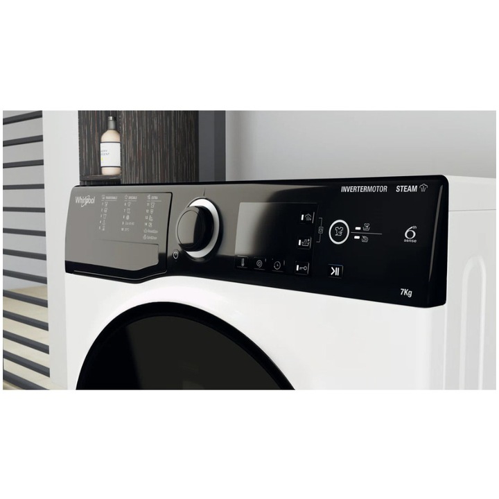 Masina de spalat rufe Slim Whirlpool WRSB7259DEU, 7 kg, 1200 rpm, Clasa B, Motor Inverter, Display Big digital, Negru