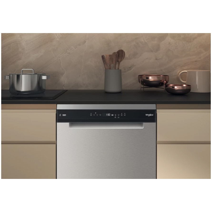 RESIGILAT: Masina de spalat vase Whirlpool W7FHP43X, 15 seturi, 10 programe, Tehnologia Al-6lea Simt, Clasa C, PowerCleanPro, Pornire cu intarziere, FlexiSpace, 60 cm, Inox