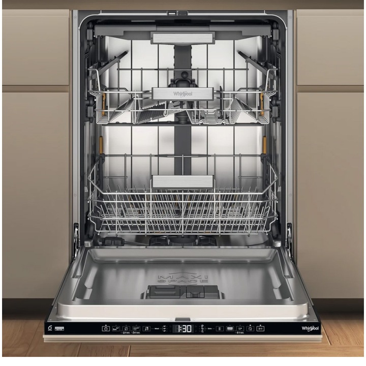 Съдомиялна за вграждане Whirlpool W7IHT40T, 15 комплекта, 8 програми, MaxiSpace, 6th Sense Technology, NaturalDry, Class C, PowerCleanPro, Отложен старт, 60 см