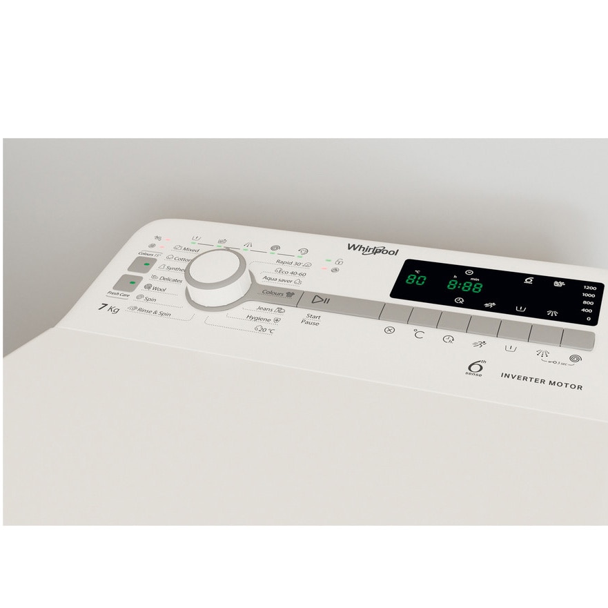 Masina de spalat rufe cu incarcare verticala Whirlpool TDLR7231BSEU, 7 kg, 1200 rpm,Clasa D, Motor Inverter, Display digital, Tehnologia al-6lea Simt, Alb