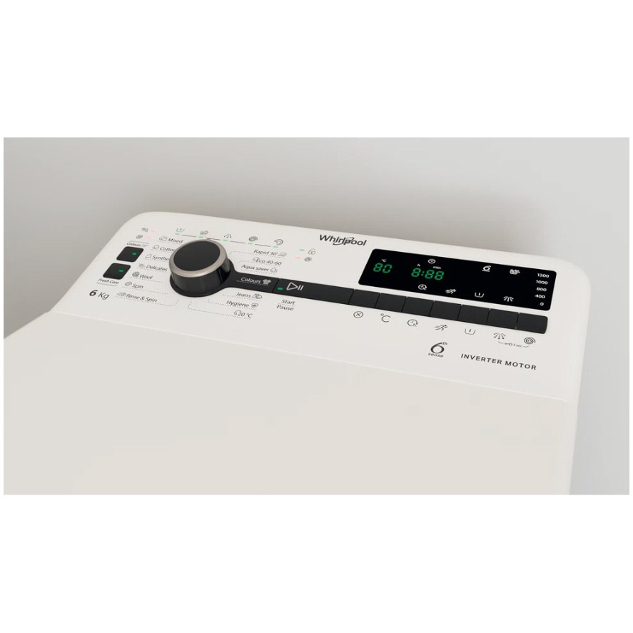 Masina de spalat rufe cu incarcare verticala Whirlpool TDLRB6241BSEU, 6 kg, 1200 rpm, Clasa C, Motor Inverter, Display digital, Tehnologia al-6lea Simt, Alb