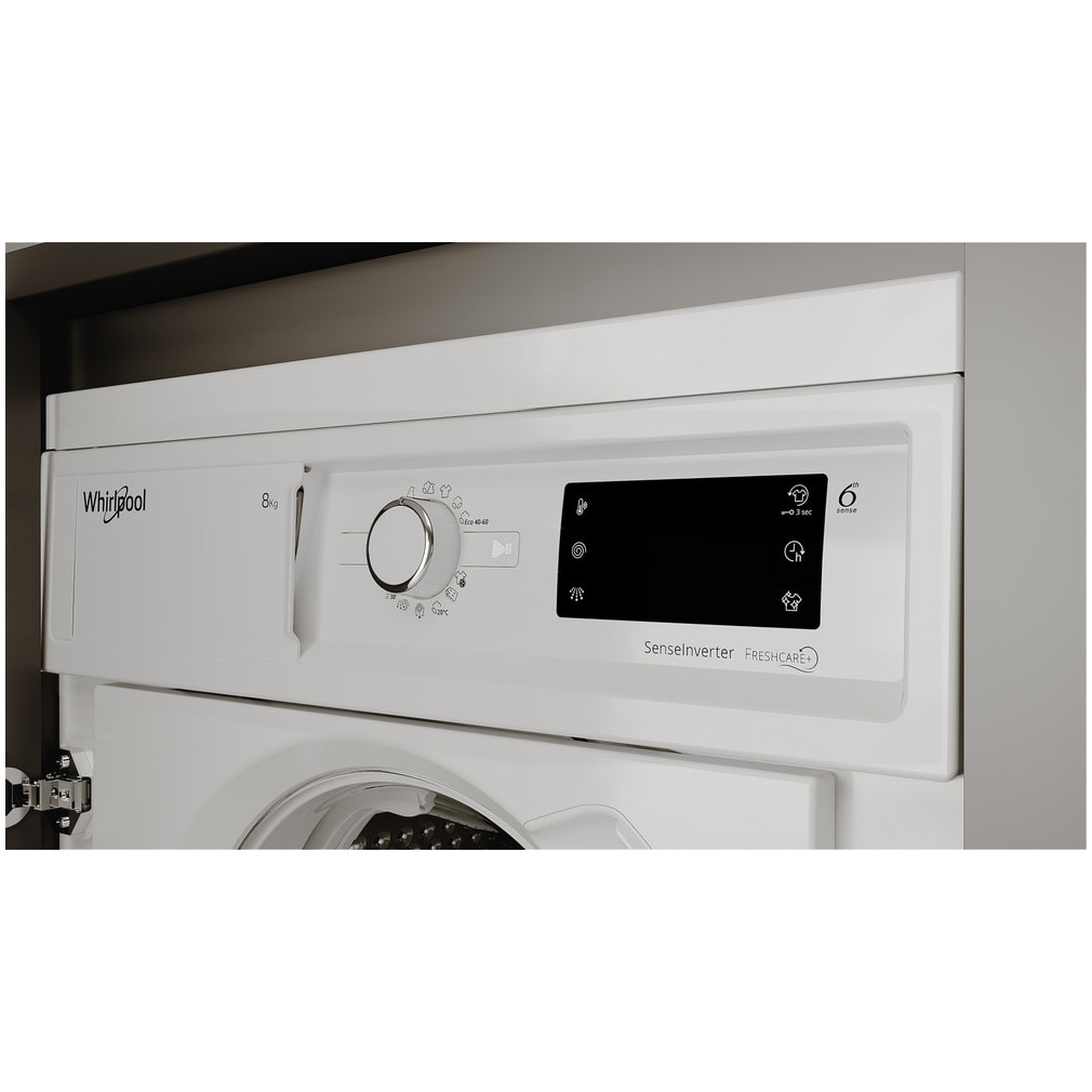 Masina de spalat rufe incorporabila Whirlpool BIWMWG81485EEU, 8 kg, 1400 rpm, Clasa B, Motor Inverter, Display digital, Tehnologia al 6-lea Simt, Alb