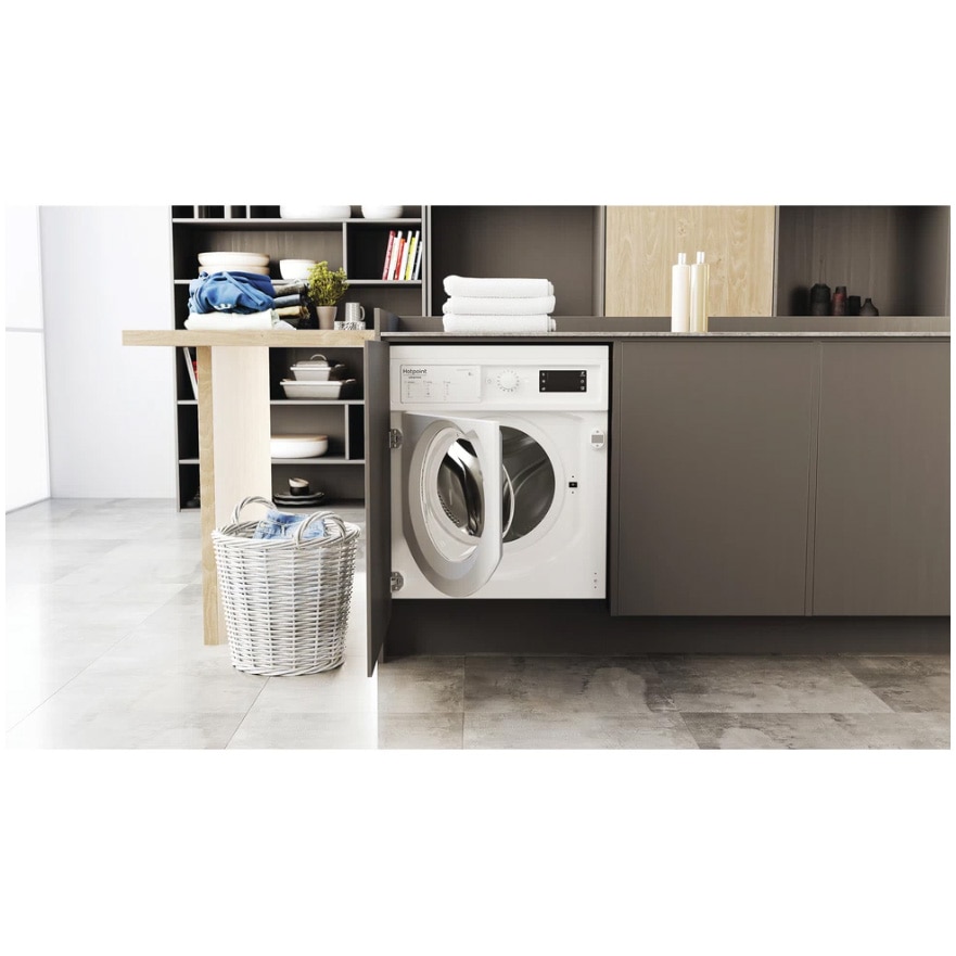 RESIGILAT: Masina de spalat rufe incorporabila Hotpoint BIWMHG81484EU, 8 kg, 1400 rpm, Clasa B, Motor Inverter, Display digital, Alb