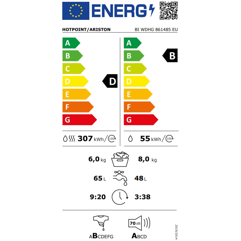 Masina de spalat rufe cu uscator Hotpoint BIWDHG861485EU, 8 kg spalare, 6 kg uscare, 1400 rpm, Clasa B, Motor Inverter, Display digital, Alb