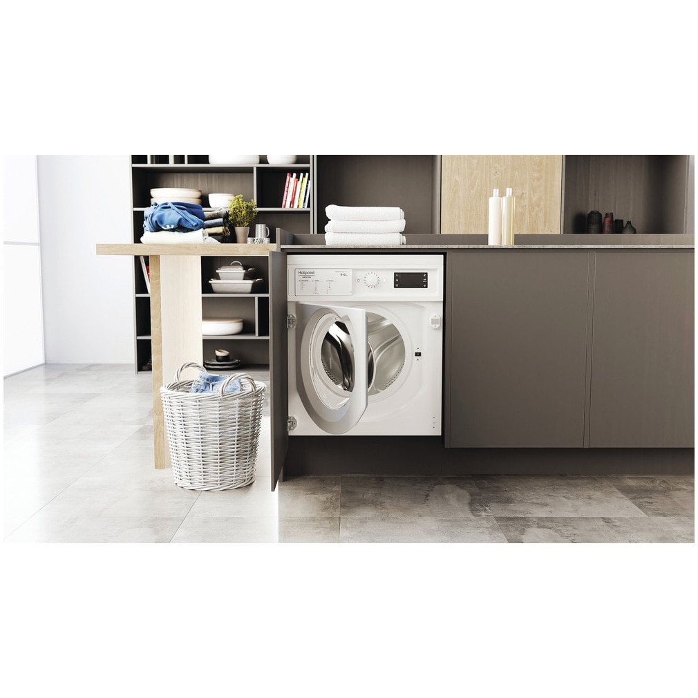 Masina de spalat rufe cu uscator Hotpoint BIWDHG861485EU, 8 kg spalare, 6 kg uscare, 1400 rpm, Clasa B, Motor Inverter, Display digital, Alb