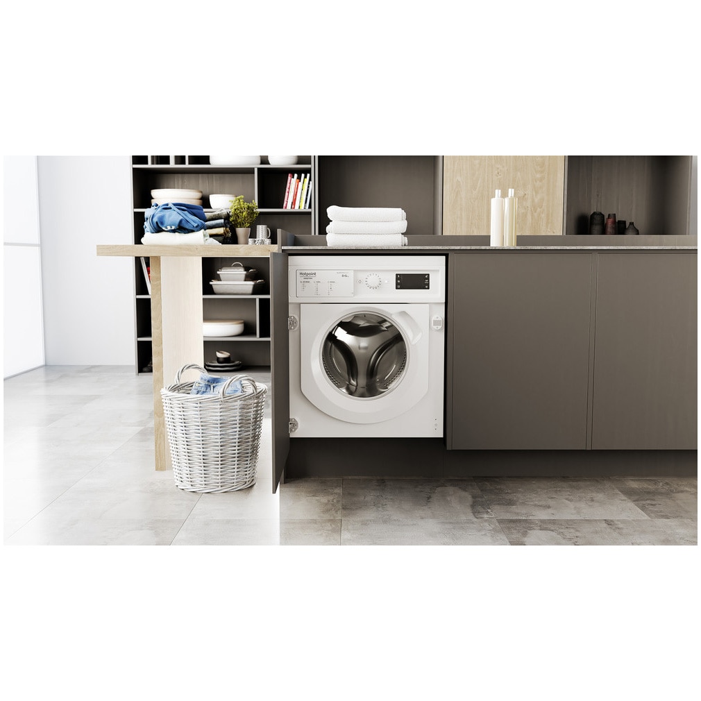 Masina de spalat rufe cu uscator Hotpoint BIWDHG861485EU, 8 kg spalare, 6 kg uscare, 1400 rpm, Clasa B, Motor Inverter, Display digital, Alb