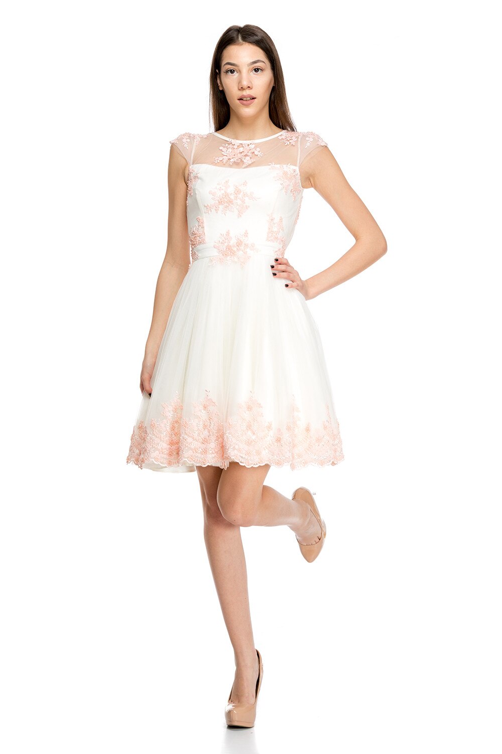 Rochie Sophie lucrata exclusiv manual Gloria Betty, Alb/Roz