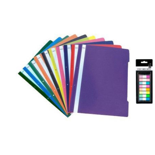 Set 100 buc dosar sina plastic cu perforatii Noki multicolor + Stick Index notes 8 culori
