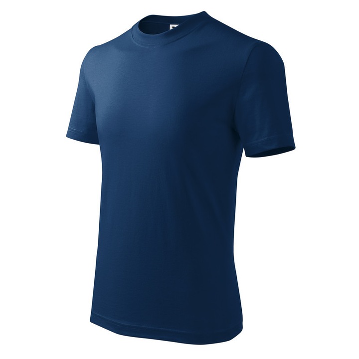Tricou pentru copii, 100% Bumbac, Cusaturi laterale, Guler cu tiv ingust din raiat si 5% adaos de elastan, Finisaj cu silicon, Albastru inchis, 134 cm, 8 ani