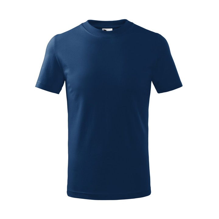 Tricou pentru copii, 100% Bumbac, Cusaturi laterale, Guler cu tiv ingust din raiat si 5% adaos de elastan, Finisaj cu silicon, Albastru inchis, 134 cm, 8 ani
