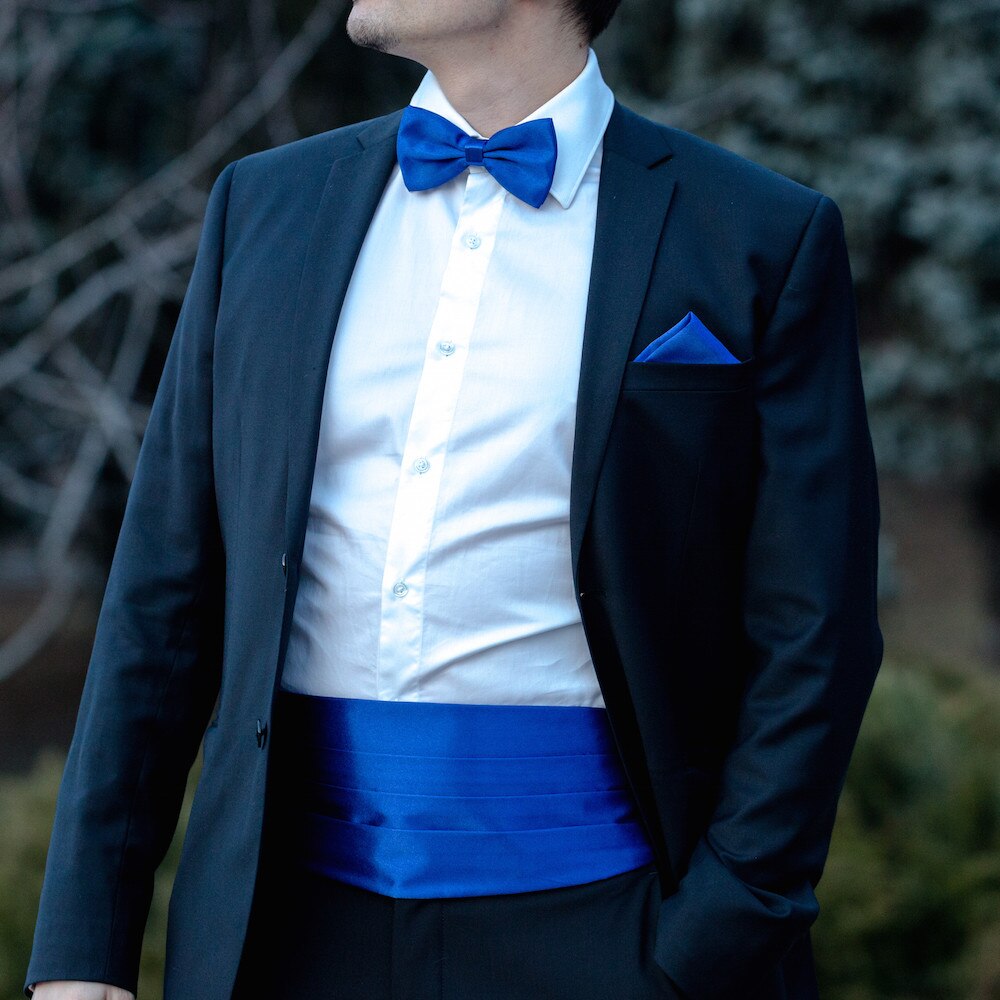 Set albastru brau, papion si batista