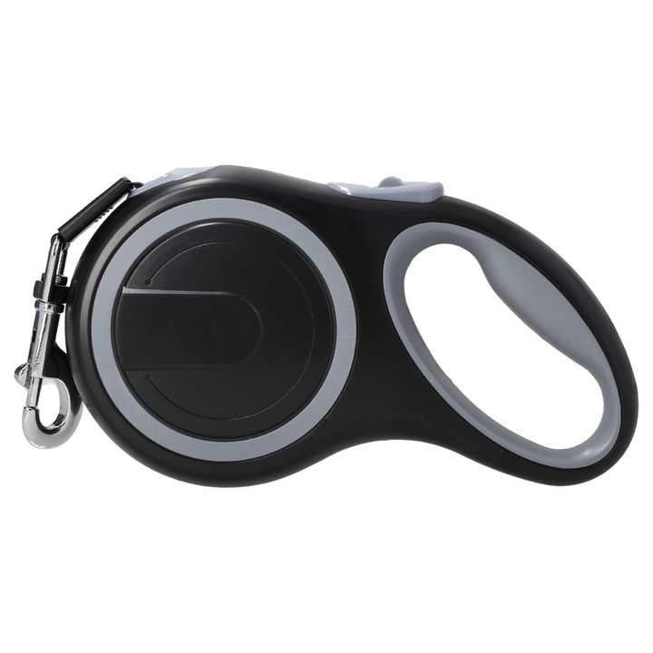 Lesa Automata Pentru Caini, 8 Mx1.5 cm, Rezistenta Si Confortabila, Sigura Si Practica - Mecanism De Retragere Si Blocare Automata, Libertate Mai Mare - Lungime De 8 M, Elemente Reflectorizante, Negru/Gri