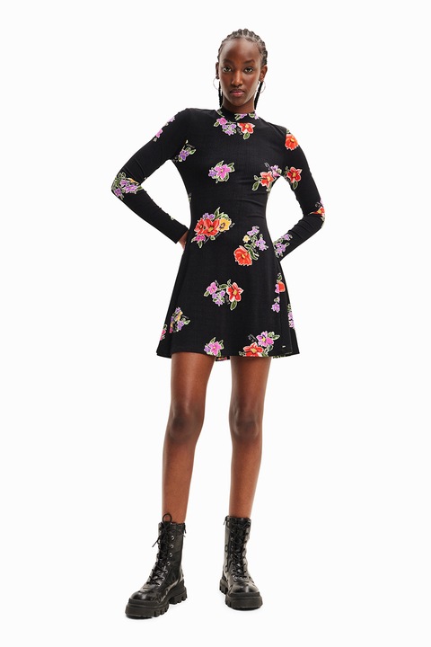 DESIGUAL, Разкроена къса рокля с флорална щампа, Черен, XL