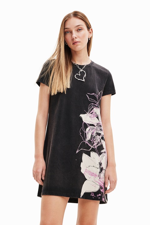 DESIGUAL, Рокля тип тениска с флорална щампа, Розово/Черен, S