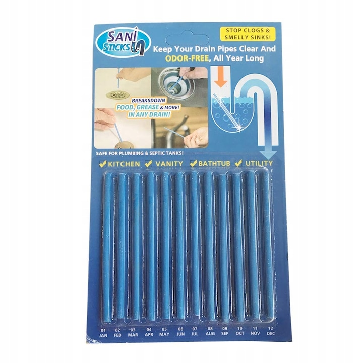 Комплект от 10 пръчици за почистване на тръби, Sani Sticks, Blue