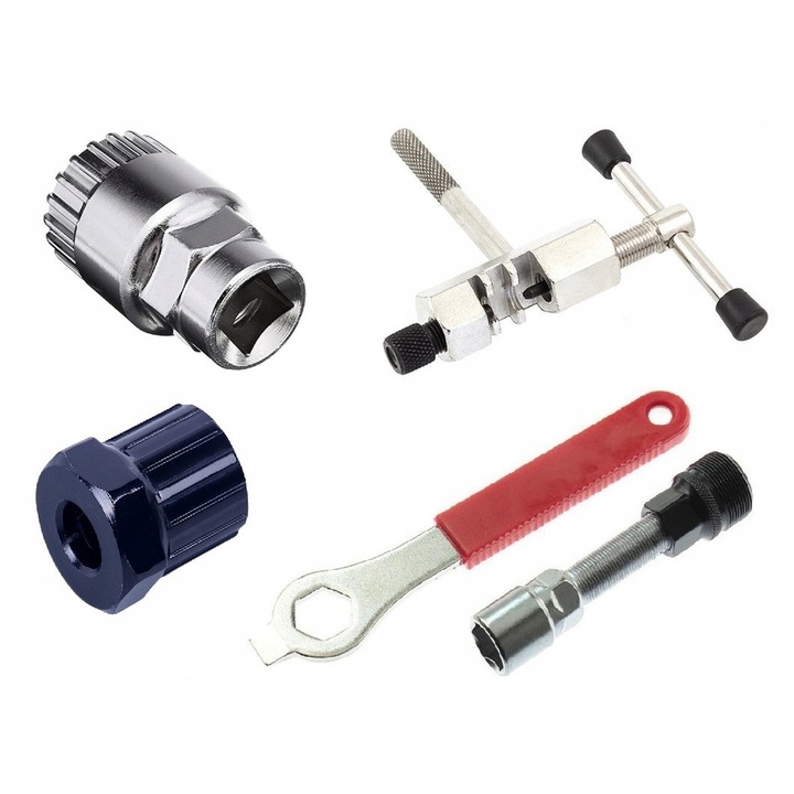 Kit De Scule, Alta Marca, Fixare Sau Desfacere Lant, Cheie De Extractie A Manivelei, 4 Buc, Otel/Plastic, Rosu/Negru/Argintiu