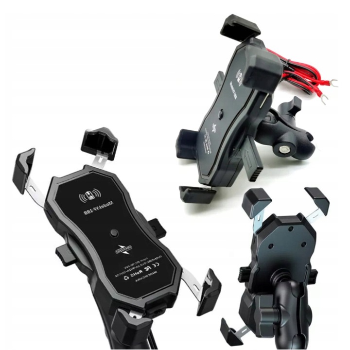 Set Suport Motocicleta Cu Incarcator Inductiv Qi, Korbi, 18x9x13 cm, Incarcator Inductiv Qc Pana La 15W, Incarcator Usb Qc Pana La 12V, Brate Metalice, Greutate Suport 400G, Negru