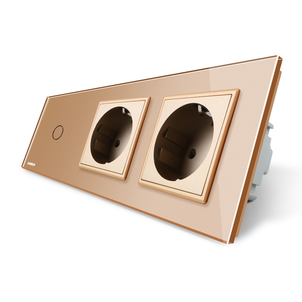 Intrerupator LIVOLO simplu cu touch si 2 prize din sticla, Auriu