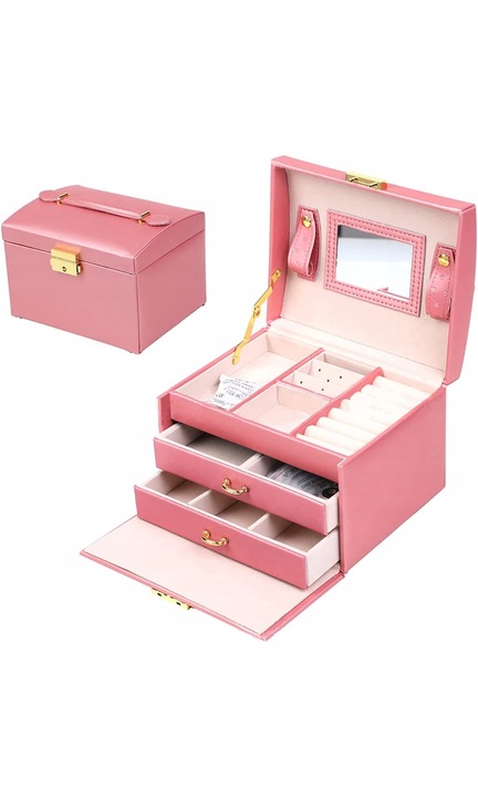 Cutie Pentru Bijuterii, Korbi, 17.5x14x12 cm, Roz, Organizator De Casa, Calitate Superioara A Pielii Ecologice, Interior Moale Care Protejeaza Bijuteriile De Zgarieturi, Locuri Speciale Pentru Cercei Si Inele, Inchidere Sigura