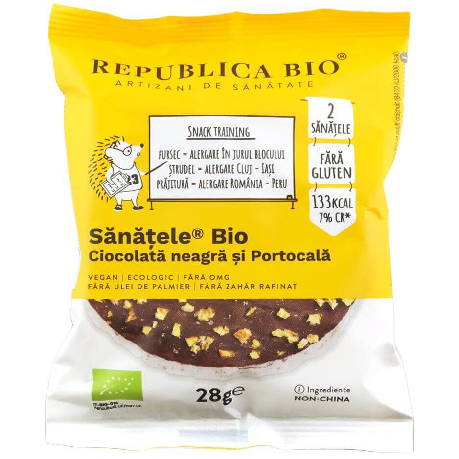 Chipsuri SANATELE BIO Ciocolata neagra si Portocala, ecologic, fara gluten, 28g