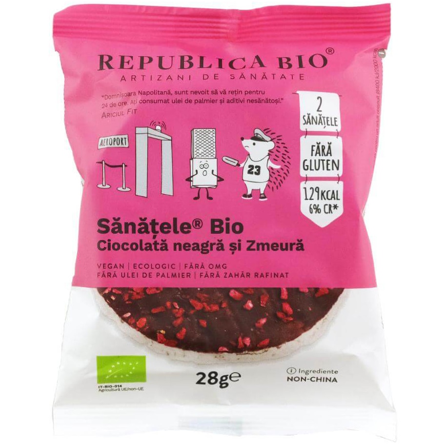 Chipsuri SANATELE BIO Ciocolată neagra si Zmeura, ecologic, fara gluten, 28g