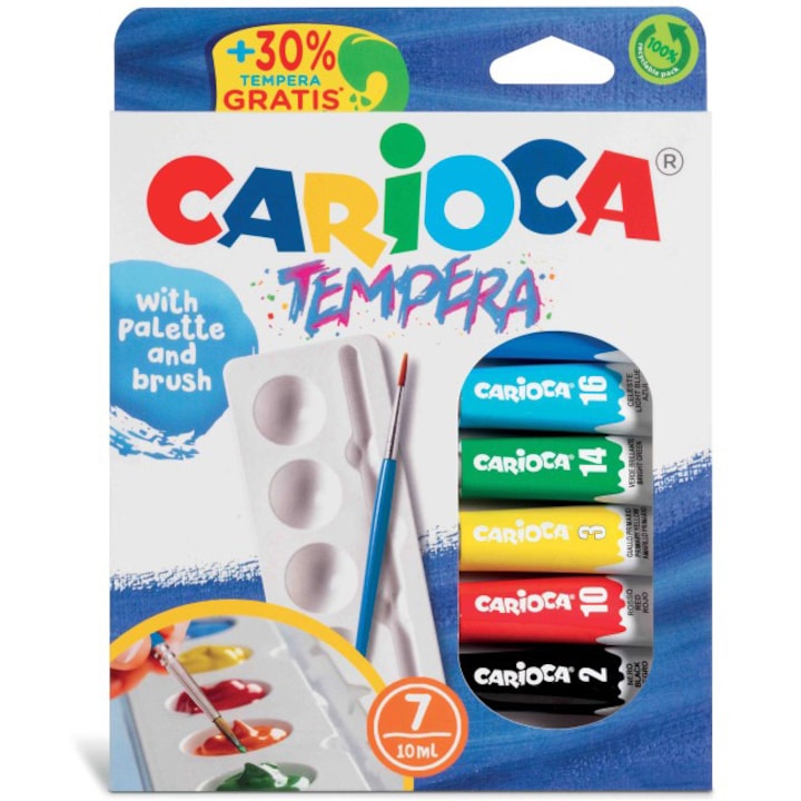 Комплект темперни акварелни бои Carioca, 7 цвята х 10 мл, С палитра и четка