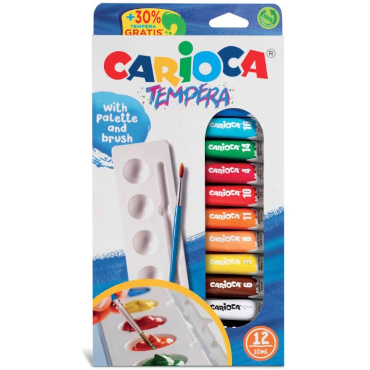 Комплект темперни акварелни бои Carioca, 12 цвята х 10 мл, С палитра и четка