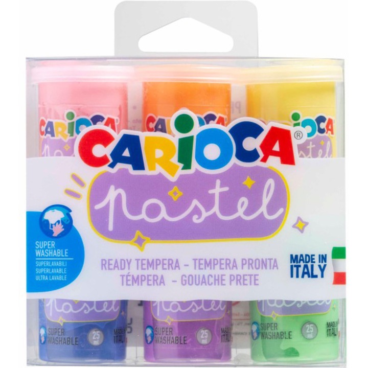 Комплект темперни акварелни бои Carioca, Пастелни цветове, 6 x 25 мл