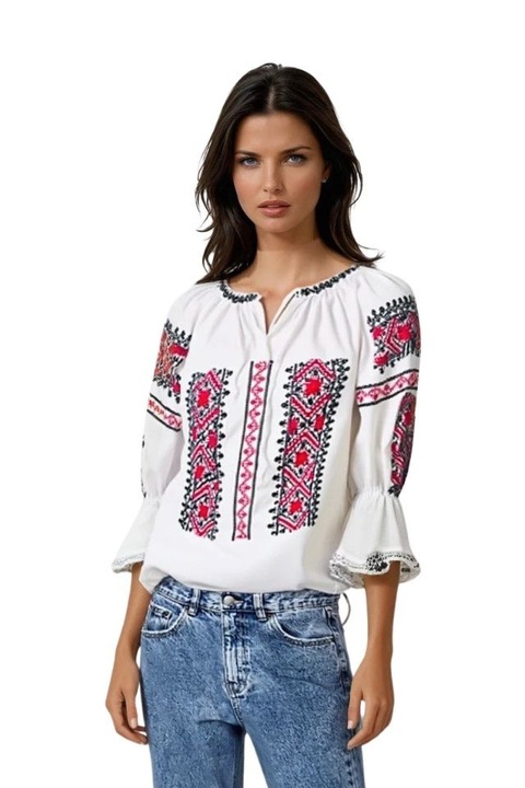 Bluza tip ie traditionala Dacali, dama, ML26, Rosu/Alb