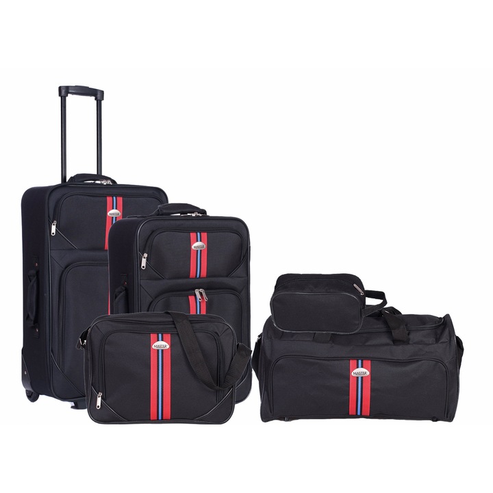Set 5 bucati Master Penta, Troler mediu,Troler mic, Geanta voiaj, Geanta avion, Geanta cosmetice, Black,