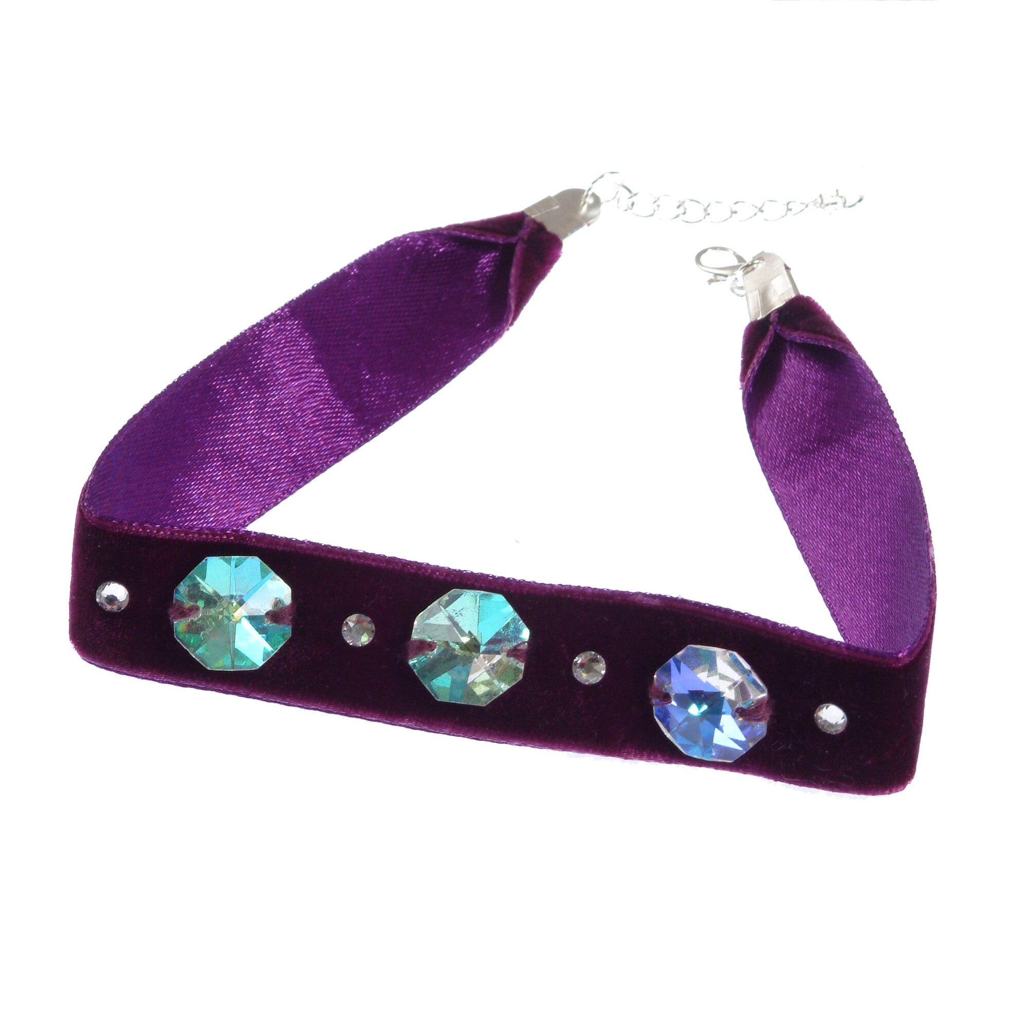 Colier Choker GANELLI cu 3 Cristale octogon mari si 4 mici elements, catifea cu dublura din satin mov