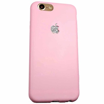 Husa iPhone 8 (4.7 inch) din silicon dens, logo Apple decupat, mat matte PINK + sticker logo sclipici glitter SILVER Husa iPhone 8 (4.7 inch) din silicon dens, logo Apple decupat, mat matte PINK + sticker logo sclipici glitter SILVER