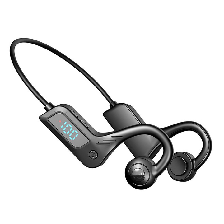 Спортни слушалки Bone Conduction, BOMSTOM, Bluetooth 5.3, водоустойчиви, вграден микрофон, намаляване на шума, цифров дисплей, черни