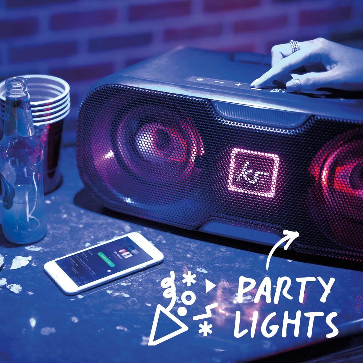Boxa Bluetooth KitSound Slam XL 50W, de petrecere, sistem de difuzoare de mare putere cu LED Disco Light Show, Negru