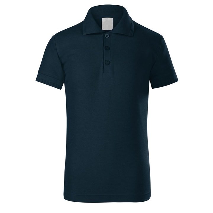 Tricou polo pentru copii, 65% Bumbac - 35% Poliester, Cusaturi laterale, Guler si mansete din raiat, Fenta ingusta cu trei nasturi de culoarea materialului de baza, Albastru marin, 122 cm, 6 ani