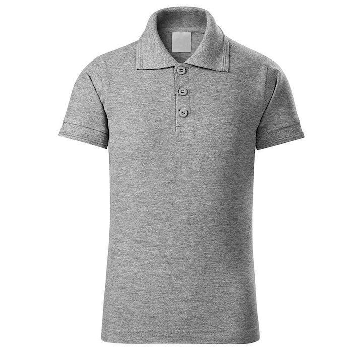 Tricou polo pentru copii, 65% Bumbac - 35% Poliester, Cusaturi laterale, Guler si mansete din raiat, Fenta ingusta cu trei nasturi de culoarea materialului de baza, Gri, 122 cm, 6 ani