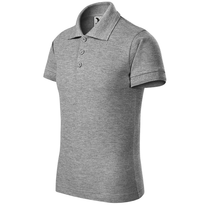 Tricou polo pentru copii, 65% Bumbac - 35% Poliester, Cusaturi laterale, Guler si mansete din raiat, Fenta ingusta cu trei nasturi de culoarea materialului de baza, Gri, 122 cm, 6 ani