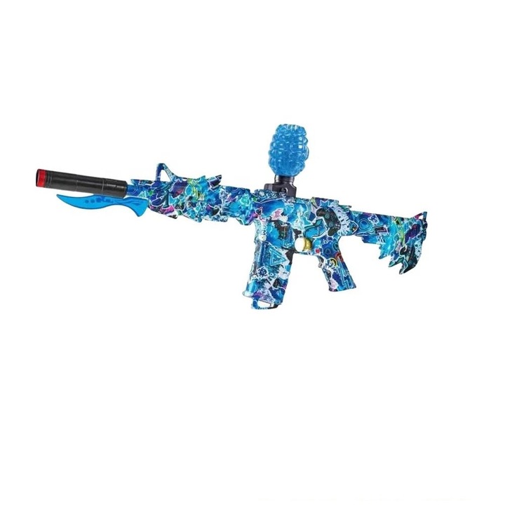 Детска картечница M4 G950D, Автоматична, С мини гел топчета и аксесоари, Електрическа, Син