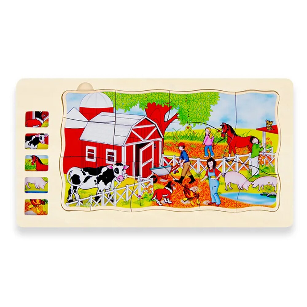 Puzzle Montessori incastru din lemn in cinci straturi, Viata la Ferma ...