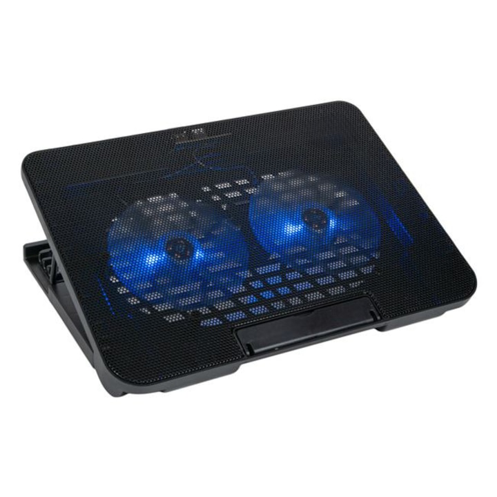 Cooler laptop, eSimplu®, sistem dublu ventilatie silentios, inaltime reglabila in 6 unghiuri, port usb dublu, lumina albastra, 36 x 26 cm